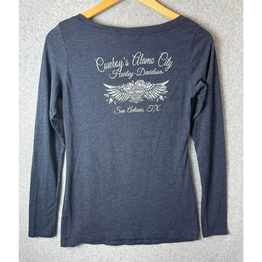 Harley Davidson Long Sleeve Tee Shirt Women’s Size Small Gray Graphic Biker Top
